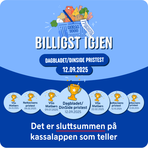 REMA 1000 billigst i helgehandelen, Bilde som viser pokaler for hver av de 7 pristestene REMA 1000 har vunnet i 2025