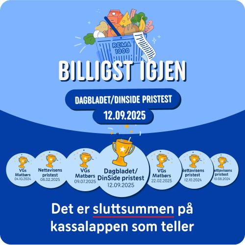 REMA 1000 billigst i helgehandelen, Bilde som viser pokaler for hver av de 7 pristestene REMA 1000 har vunnet i 2025