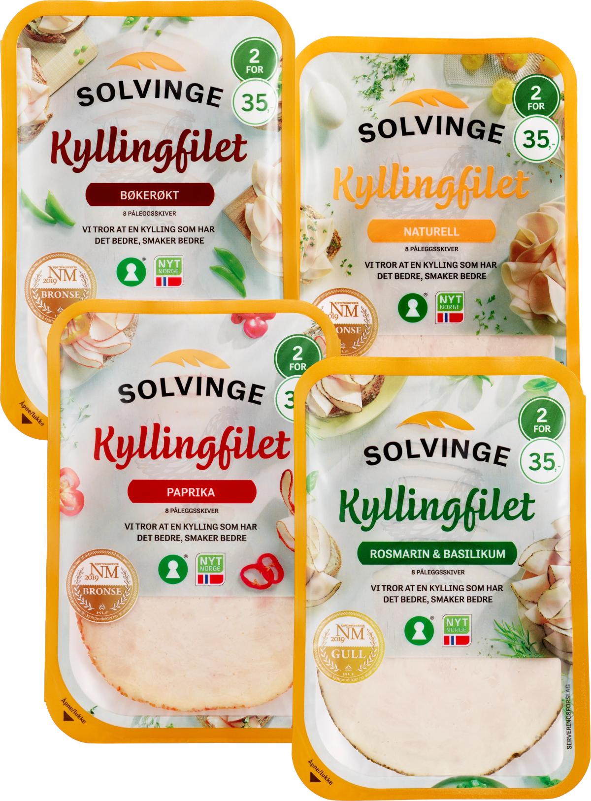 Fire pakker kyllingpålegg fra Solvinge i variantene bøkerøkt, naturell, paprika og rosmarin & basilikum.