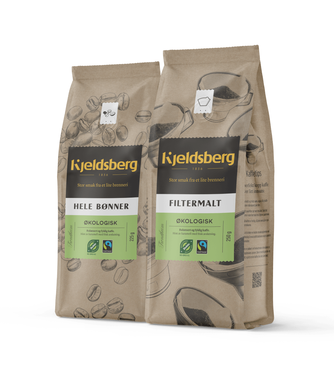 To poser med økologisk kaffe fra Kjeldsberg på svart bakgrunn. Den ene posen inneholder hele bønner, den andre filtermalt kaffe. Begge produktene er Fairtrade-merket og har illustrasjoner av kaffebønner og bryggeutstyr på emballasjen.