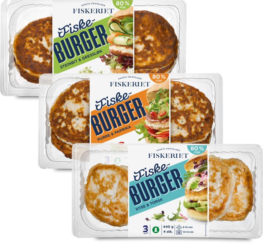 Tre forksjellige pakninger med fiske burger; hyse & torsk, purre & paprika