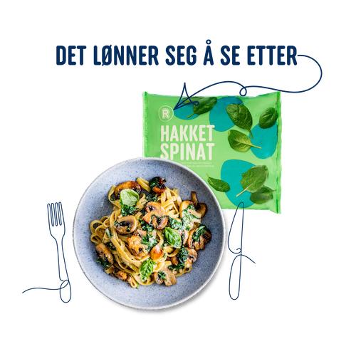 Pakke med hakket spinat ved siden av en tallerken med kremet pastarett toppet med sopp og spinat. Teksten «Det lønner seg å se etter» vises over produktet på mørk bakgrunn.