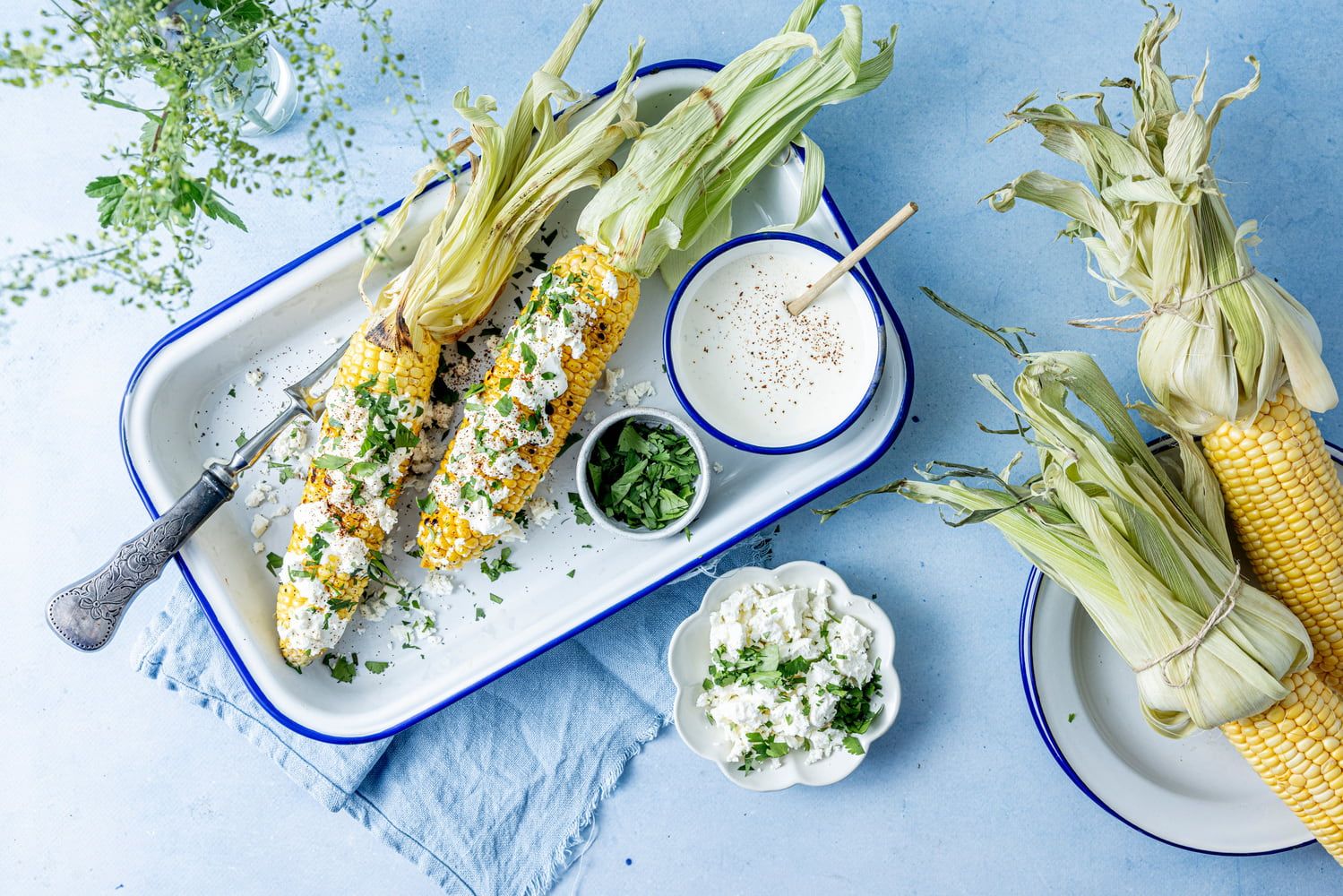 Elote er meksikanske maiskolber. Disse er servert på rektangulært serveringsfat med dressing ved siden av.